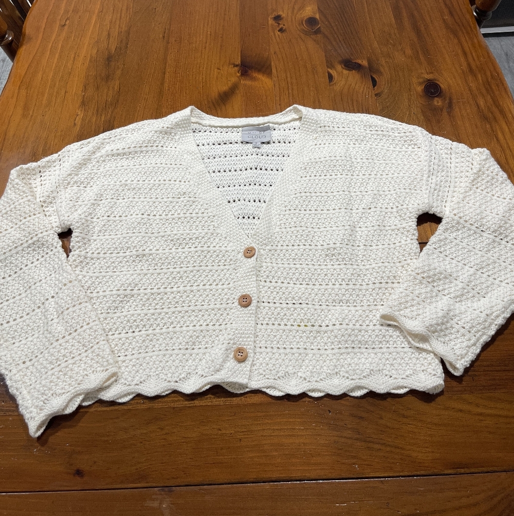 Gypsy Cloud Womens Cream Crochet‎ Knit Scalloped Hem Button Up Cardigan Size Med